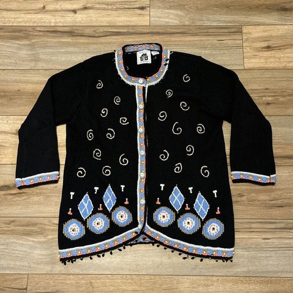 Storybook Knits Cardigan Sweater SZ Large Black Deco Glamour Knit Beaded - Picture 1 of 12